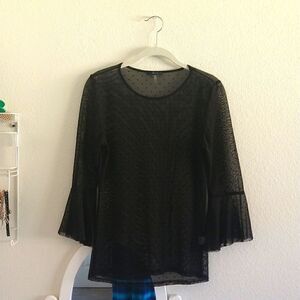 Soprano Dot Mesh Top with Bell Sleeves Black size Small